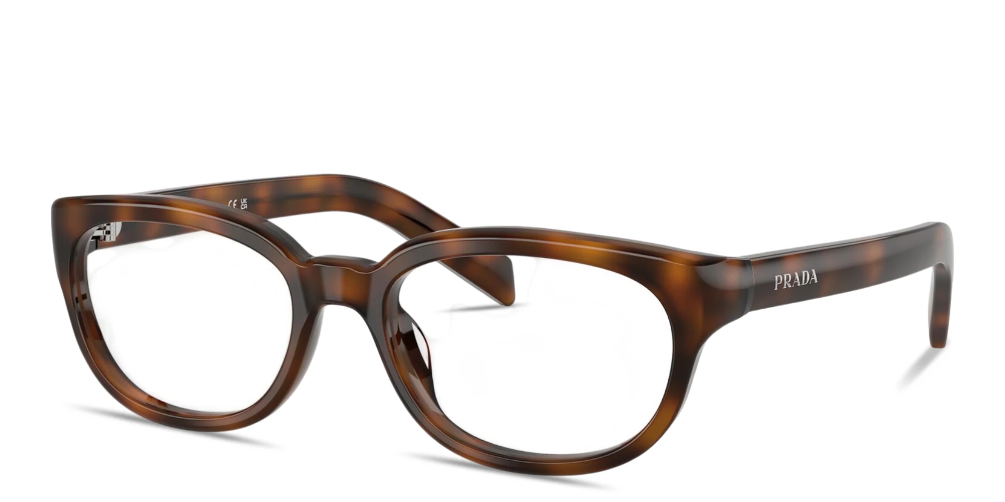 Shop PRADA Logo Signature Panthos Eyeglasses in Juniper Havana online.