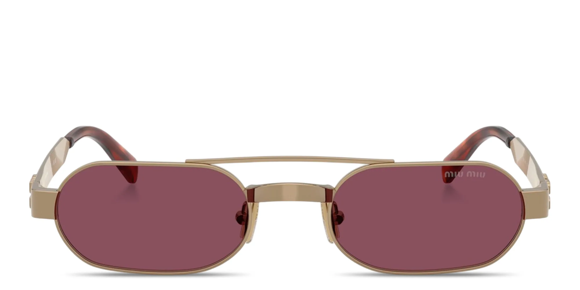 Shop MIU MIU Vertical Logo Oval Sunglasses in Warm Brass online.