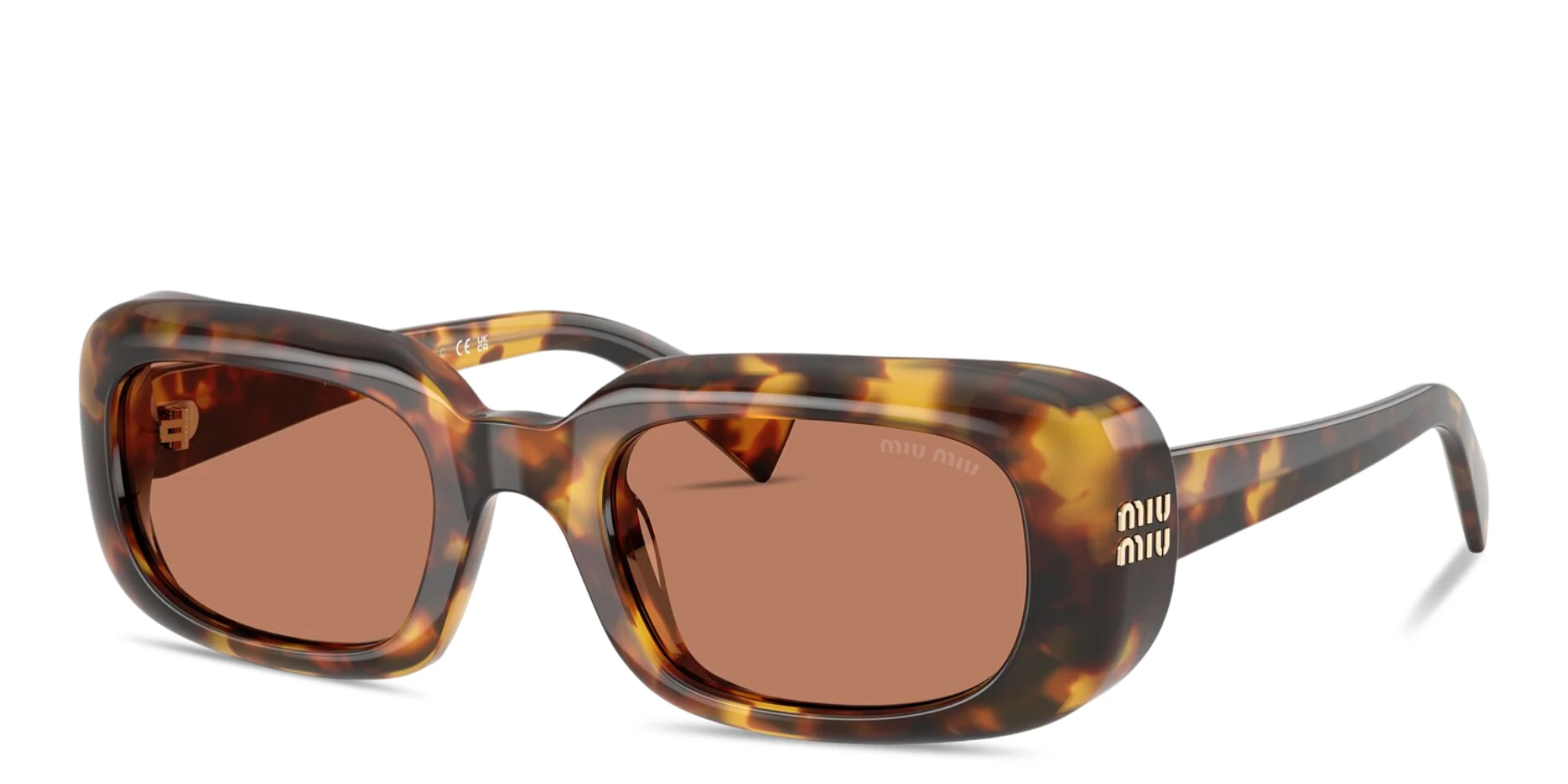 Shop MIU MIU Vertical Logo Rectangle Sunglasses in Honey Havana online.