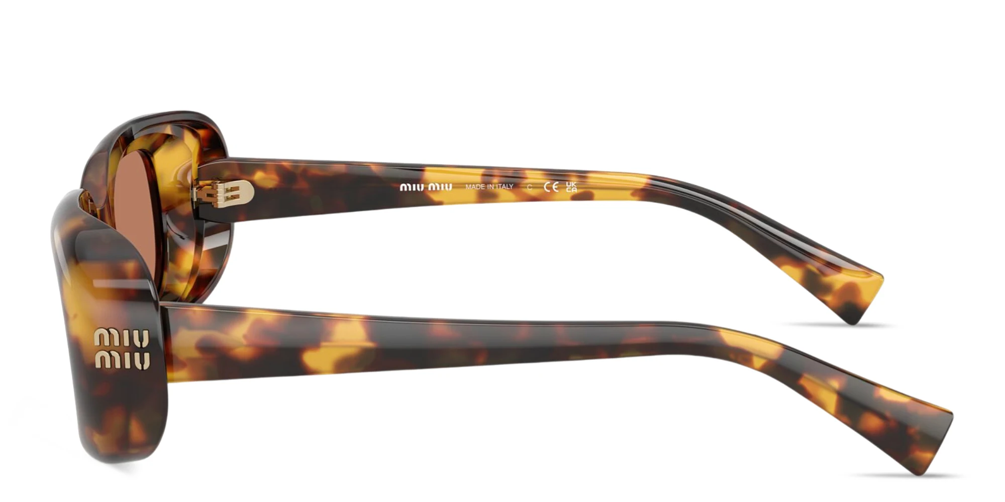Shop MIU MIU Vertical Logo Rectangle Sunglasses in Honey Havana online.