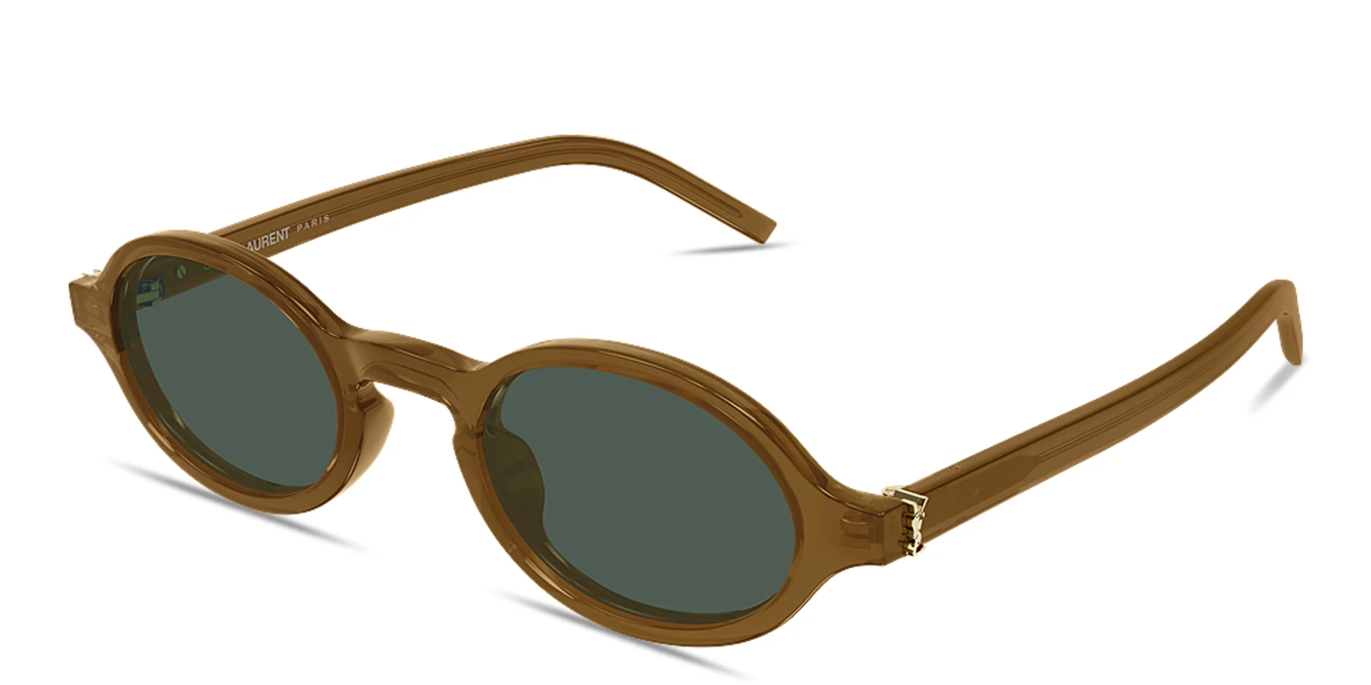 Shop SAINT LAURENT YSL Logo Unisex Oval Sunglasses in Transparent Cognac Brown online.