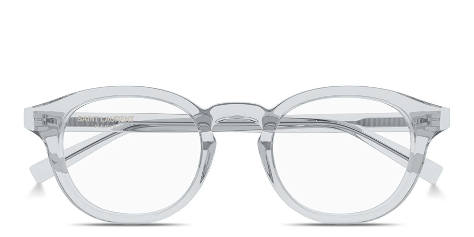 Shop SAINT LAURENT Logo Signature Round Eyeglasses in Transparent Light Grey online.