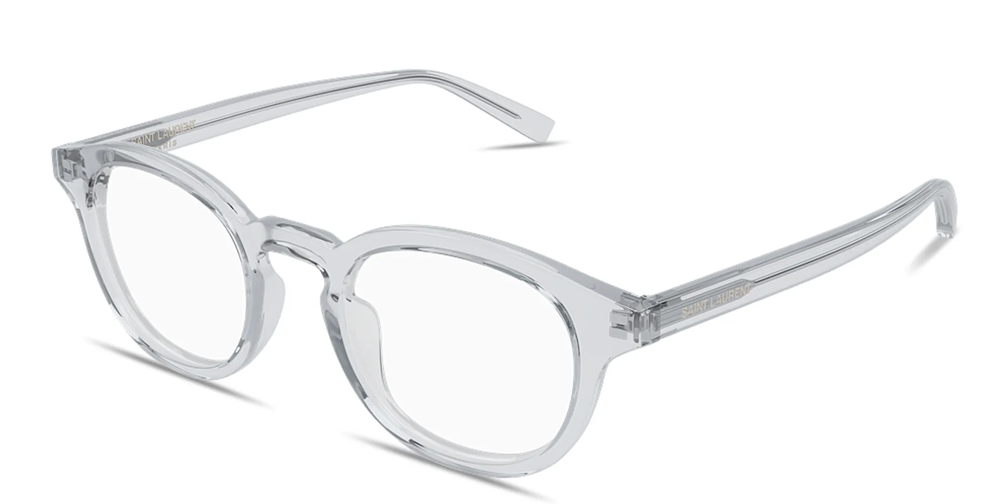 Shop SAINT LAURENT Logo Signature Round Eyeglasses in Transparent Light Grey online.