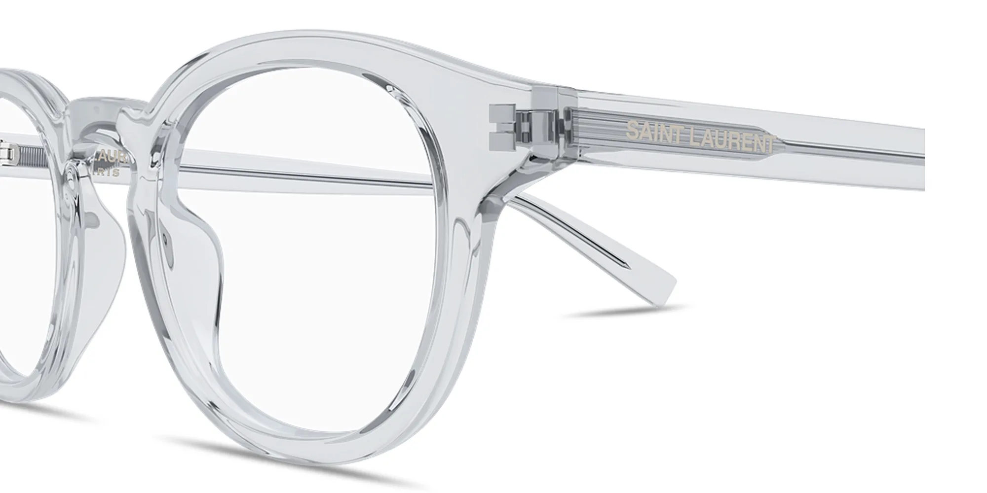Shop SAINT LAURENT Logo Signature Round Eyeglasses in Transparent Light Grey online.
