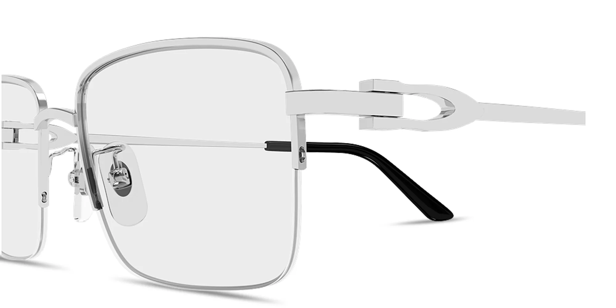 Shop Cartier Half-Rim Wide Rectangle Eyeglasses with Elongated C de Cartier Motif in Silver online.