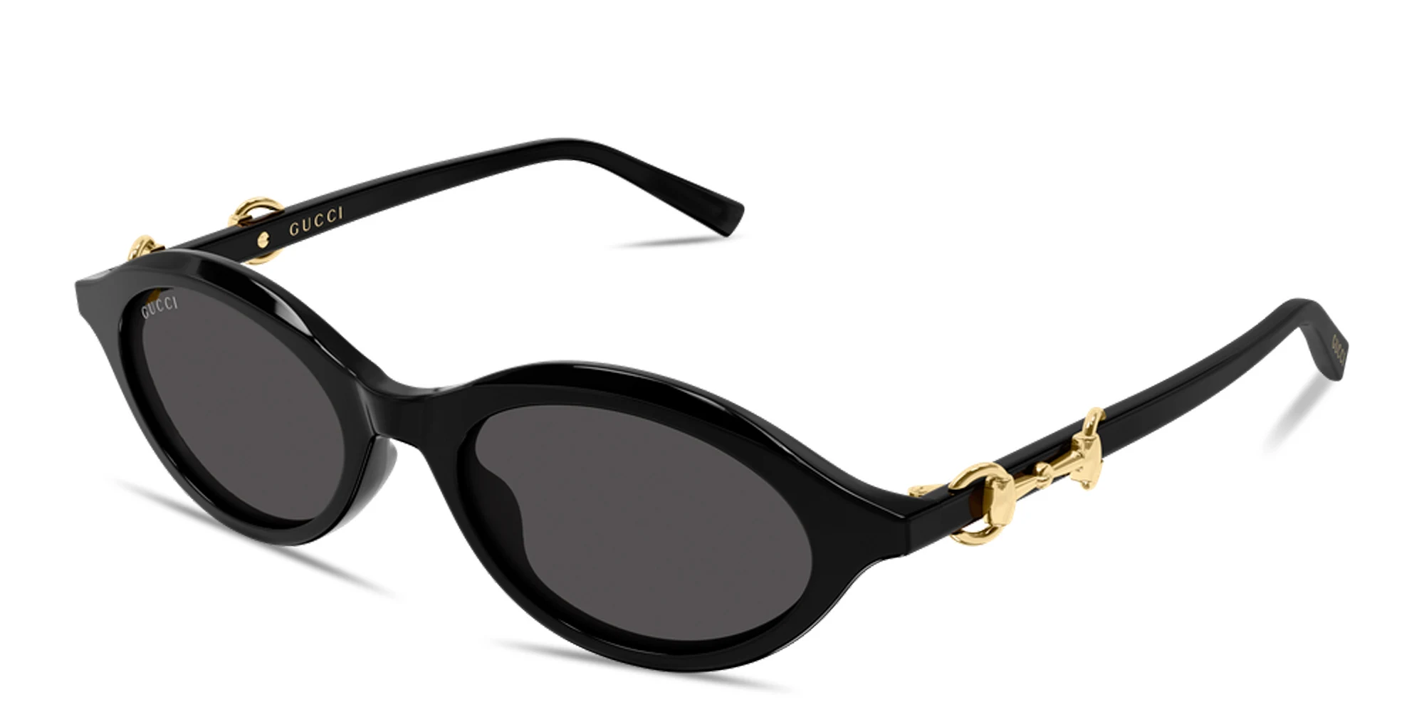 Shop GUCCI Horsebit Oval Sunglasses in Solid Black online.