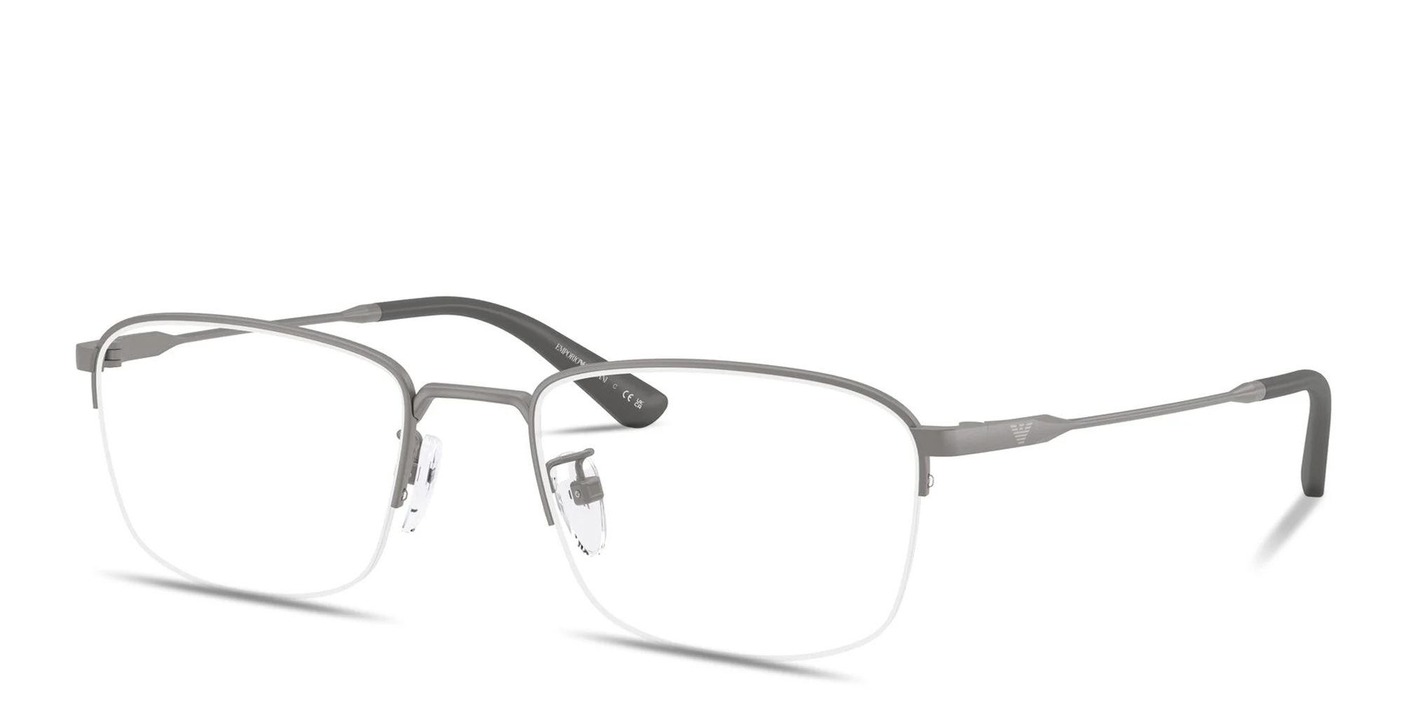 Shop Emporio Armani Engraved Logo Half-Rim Pillow Eyeglasses in Gunmetal online.