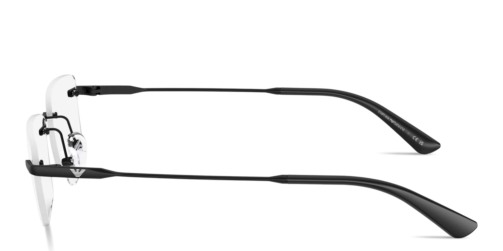Shop Emporio Armani Engraved Logo Rimless Rectangle Eyeglasses in Black online.
