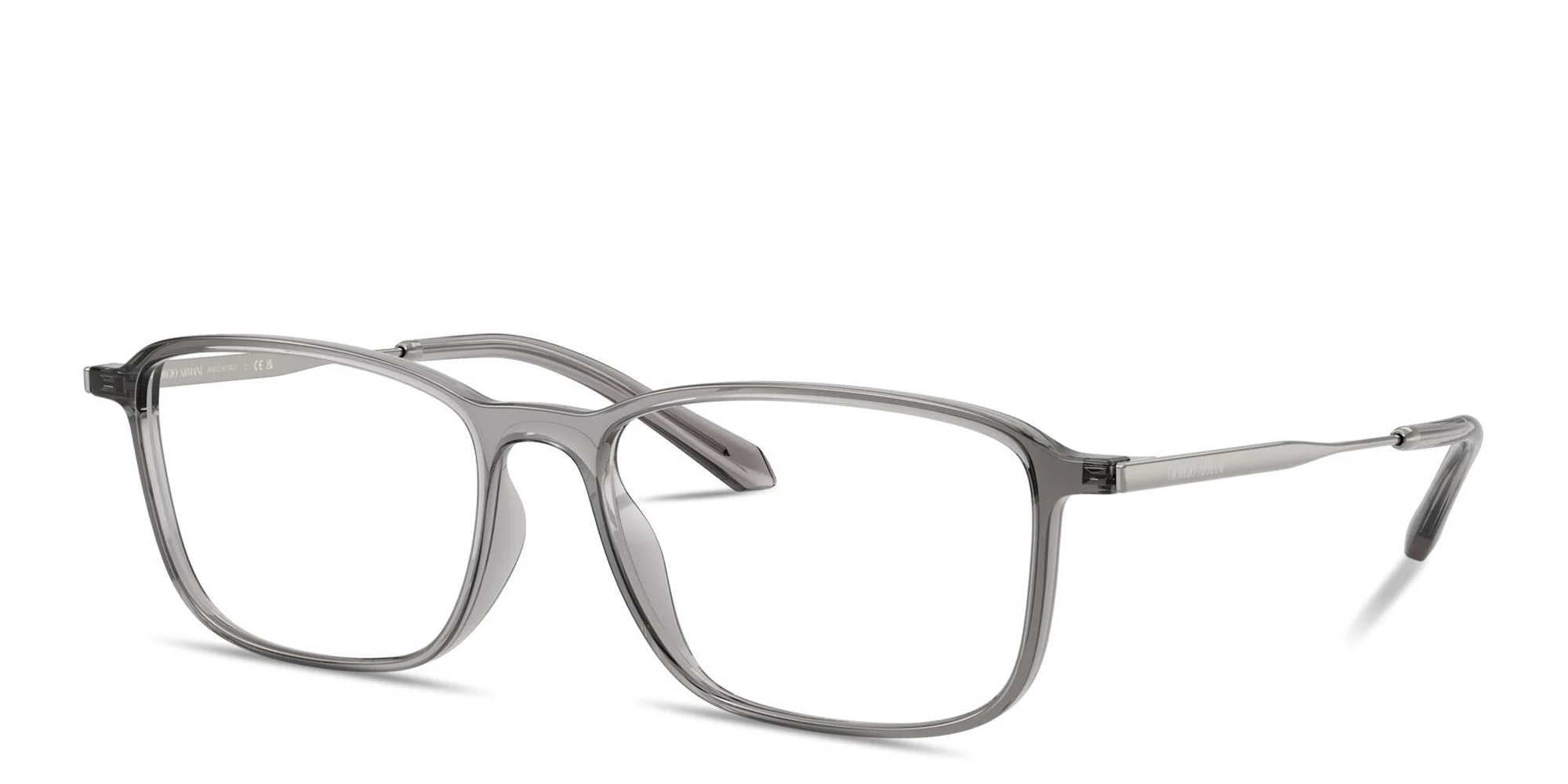 Shop GIORGIO ARMANI Engraved Logo Wide Rectangle Eyeglasses in Transparent Grey online.