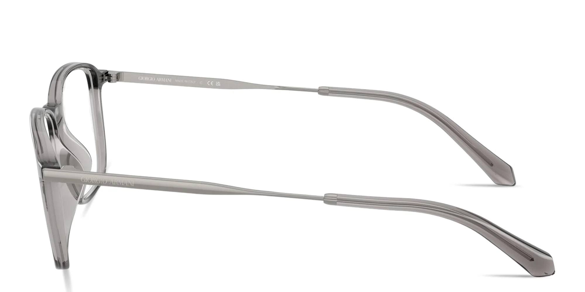 Shop GIORGIO ARMANI Engraved Logo Wide Rectangle Eyeglasses in Transparent Grey online.