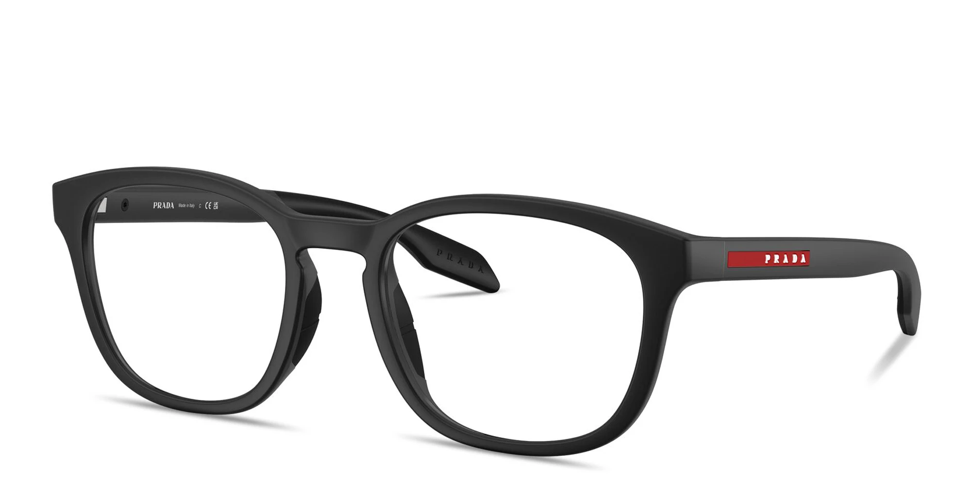Shop Prada Linea Rossa Logo Lettering Panthos Eyeglasses in Matte Black online.