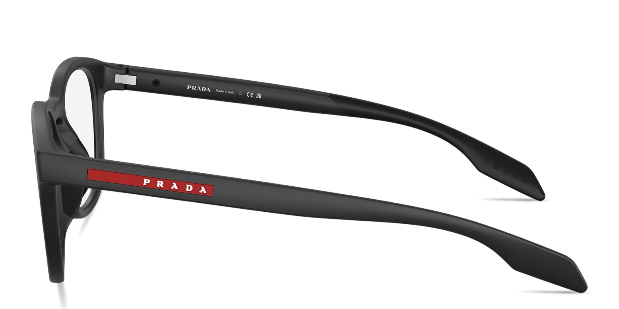 Shop Prada Linea Rossa Logo Lettering Panthos Eyeglasses in Matte Black online.