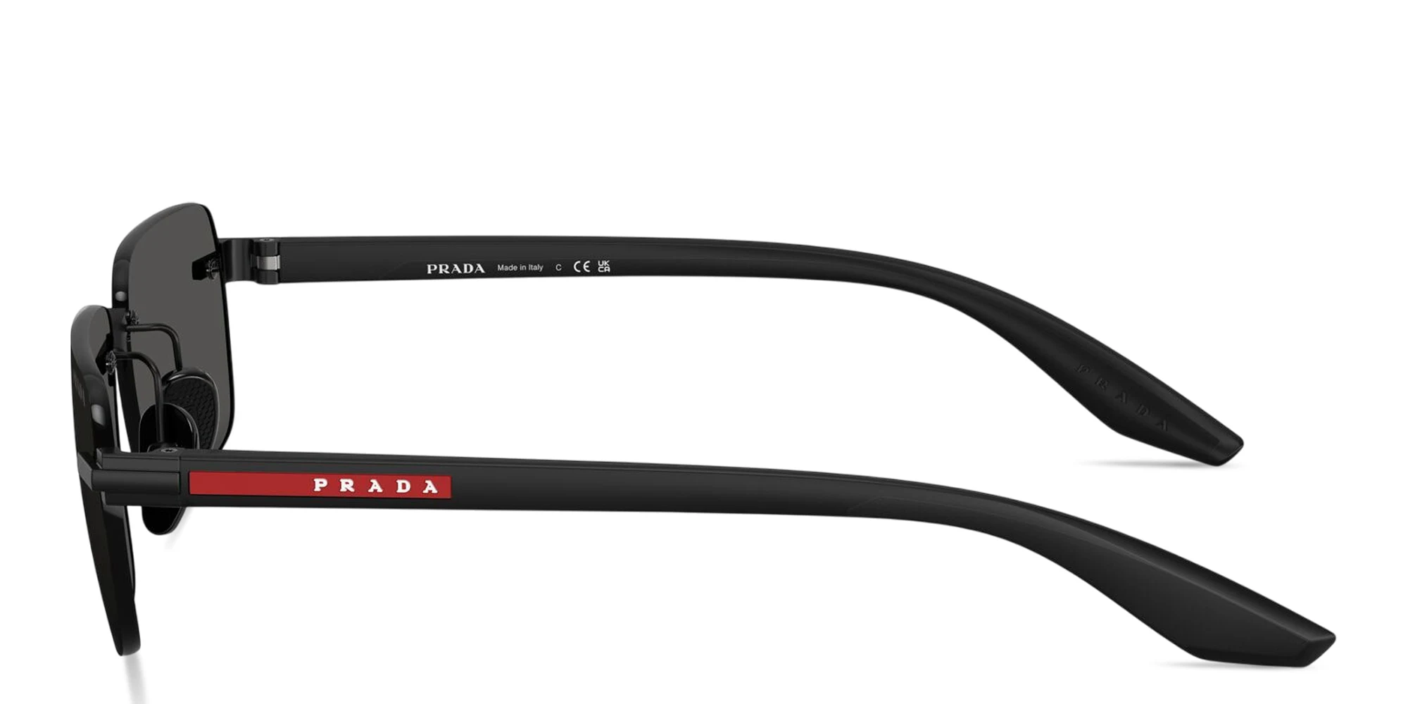 Shop Prada Linea Rossa Logo Lettering Rimless Rectangle Sunglasses in Black online.