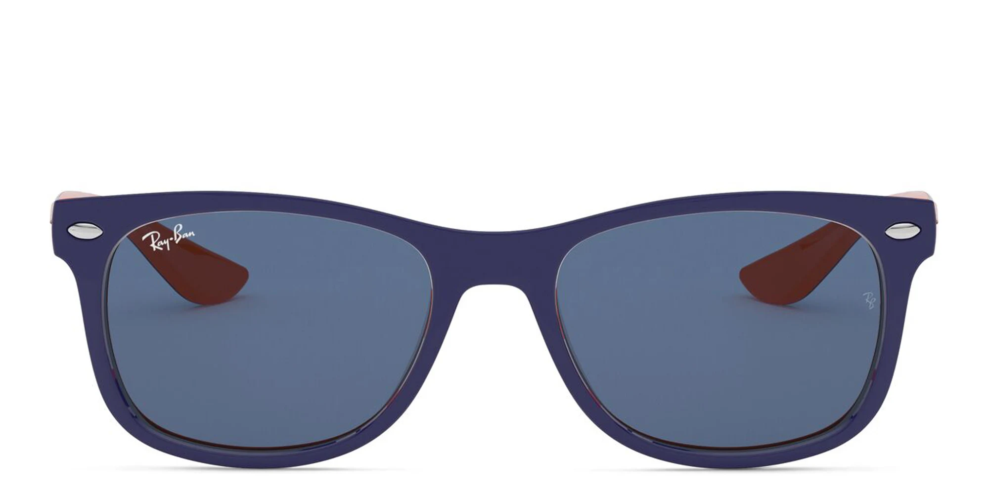 Shop Ray-Ban Junior New Wayfarer Kids Square Sunglasses in Blue On Orange online.