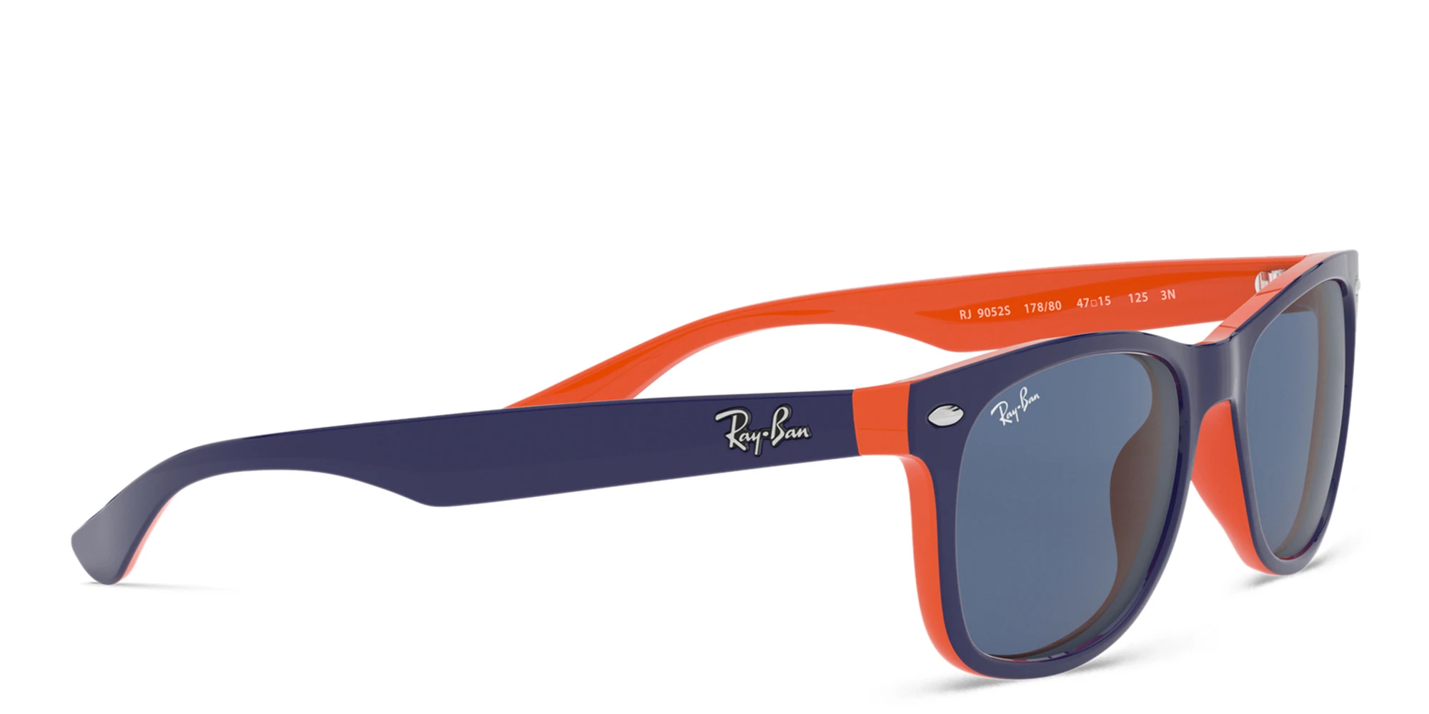 Shop Ray-Ban Junior New Wayfarer Kids Square Sunglasses in Blue On Orange online.