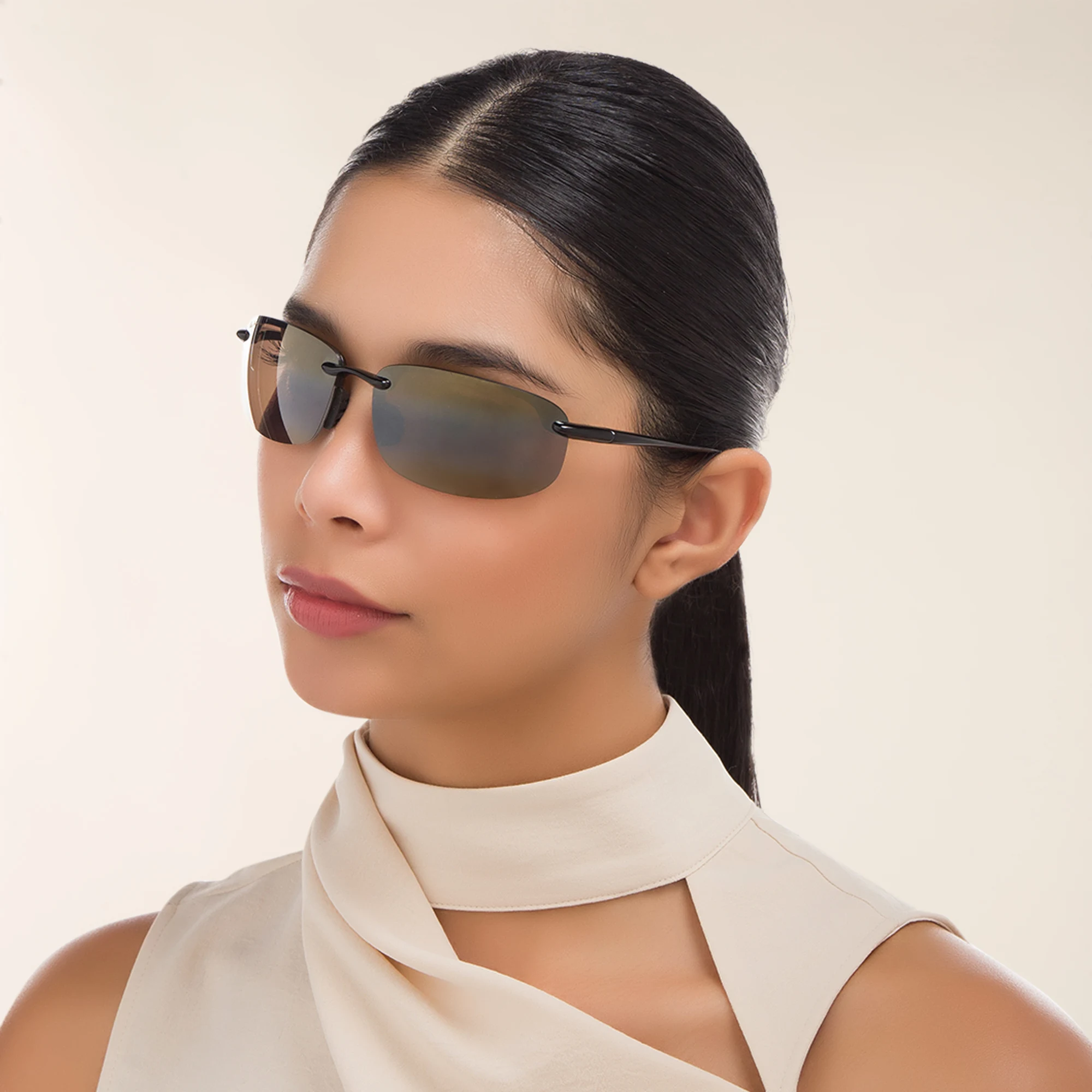 Shop Maui Jim Ho'Okipa Unisex Rimless Wide Rectangle Sunglasses in Black online.