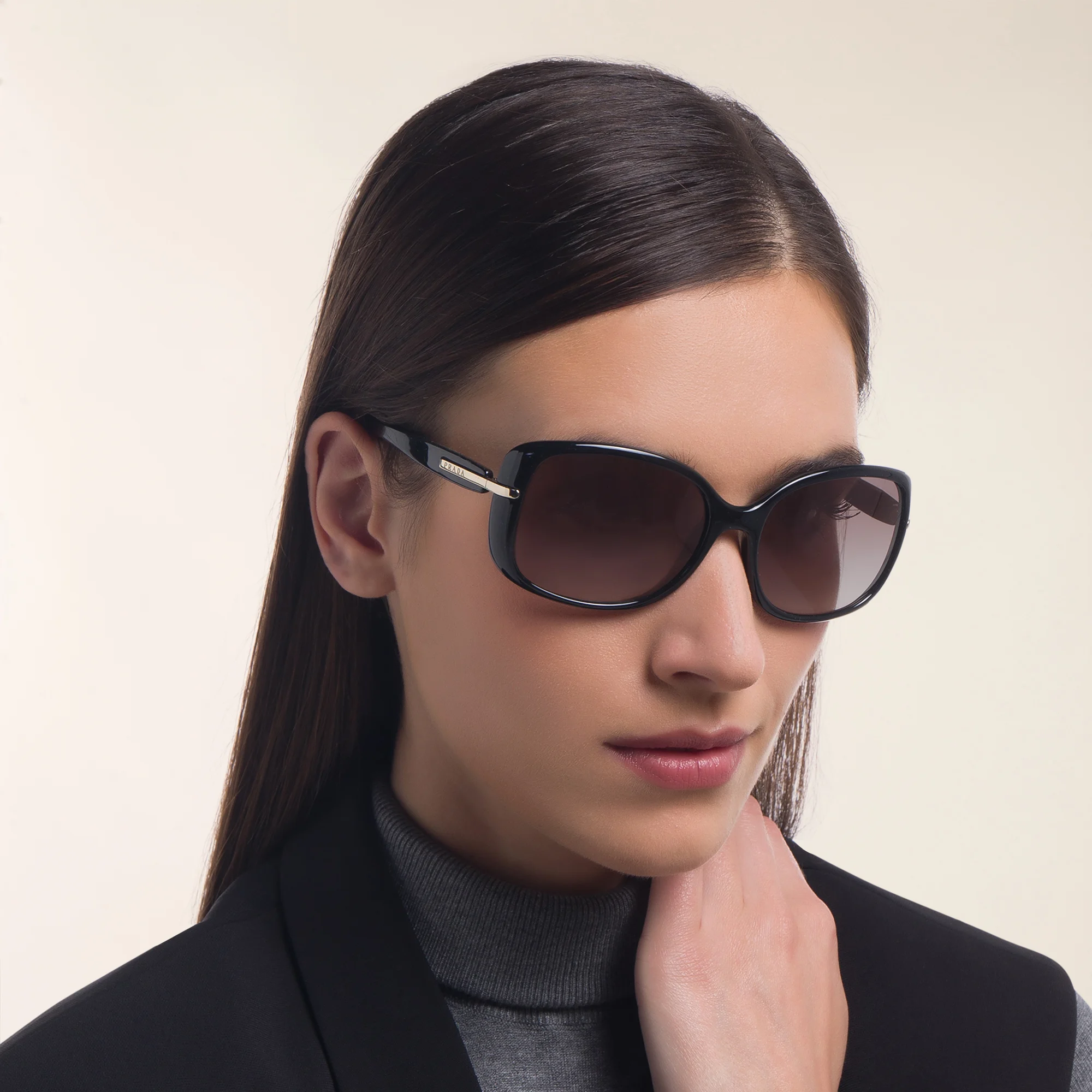 Shop PRADA Rectangle Sunglasses in Black online.