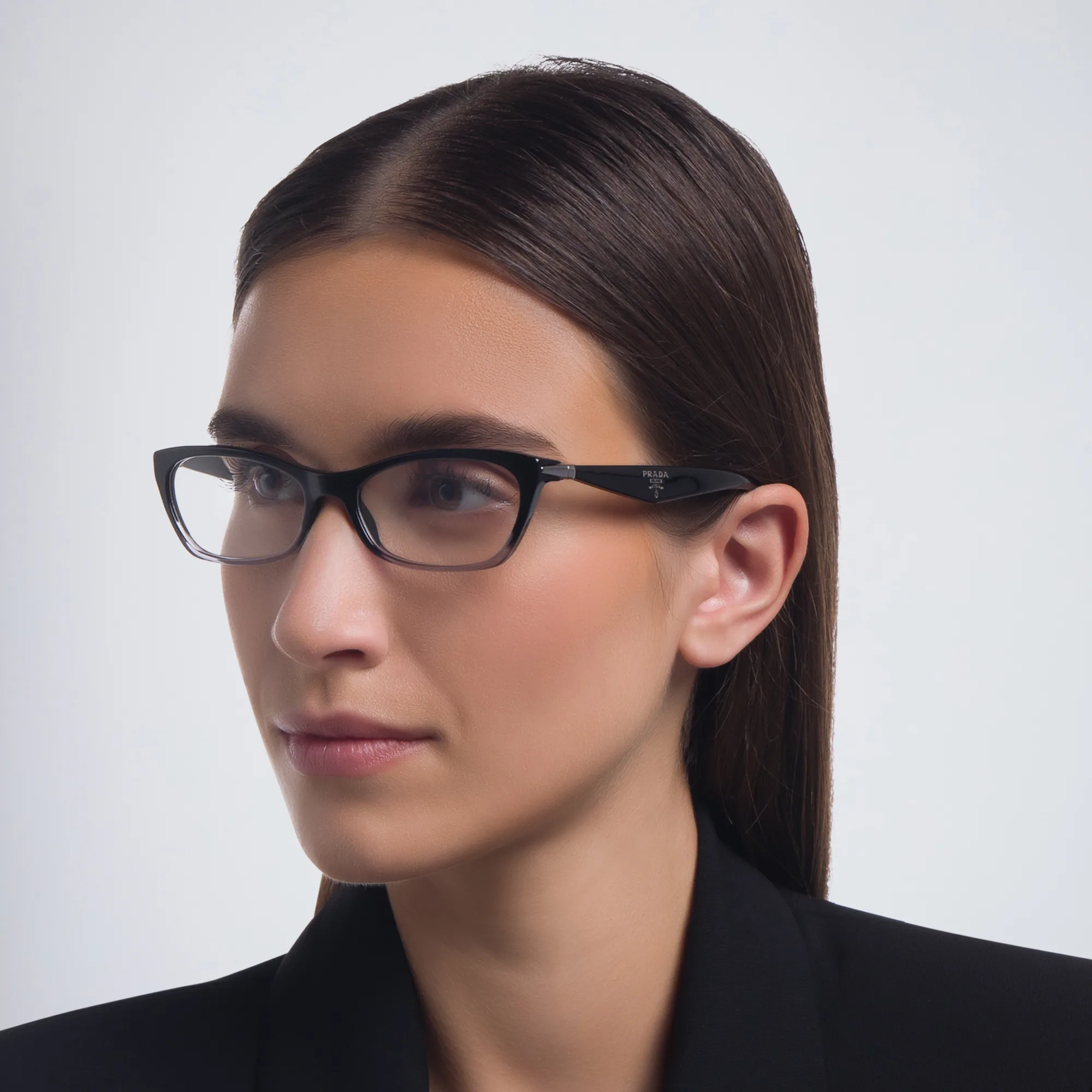 Shop PRADA Irregular Eyeglasses in Black Gradient Transparent online.