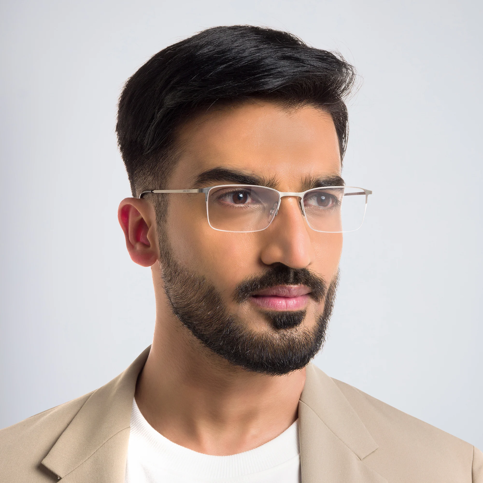 Shop GIORGIO ARMANI Half Rim Rectangle Eyeglasses in Matte Brushed Golden Gunmetal online.