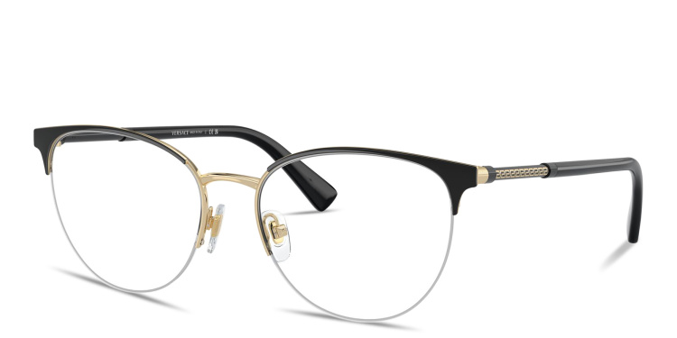 Shop VERSACE Greca Half-Rim Cat-Eye Eyeglasses in Black online.