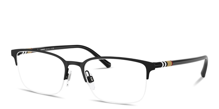 Shop BURBERRY Check Half-Rim Rectangle Eyeglasses in Black online.