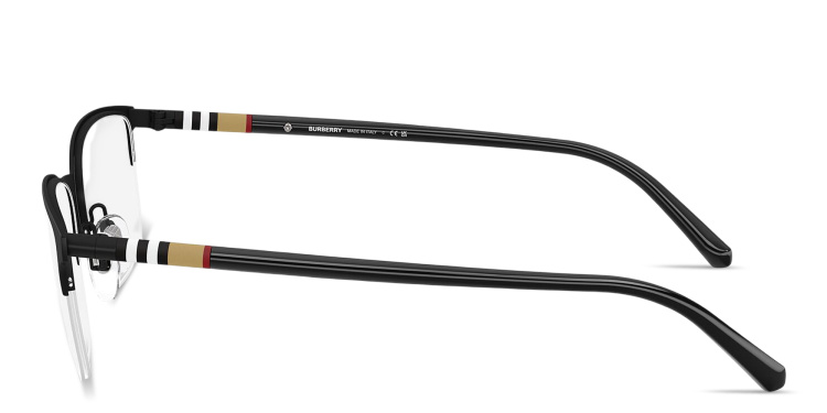 Shop BURBERRY Check Half-Rim Rectangle Eyeglasses in Black online.