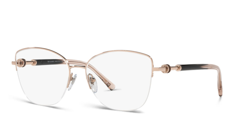 Shop BVLGARI Half Rim Wide Cat Eye Eyeglasses in Gold online.