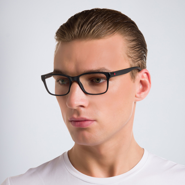 Shop BVLGARI Wide Rectangle Eyeglasses in Black online.