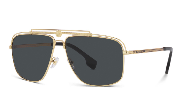 Shop VERSACE Greca-detailed Aviator Sunglasses in Gold online.