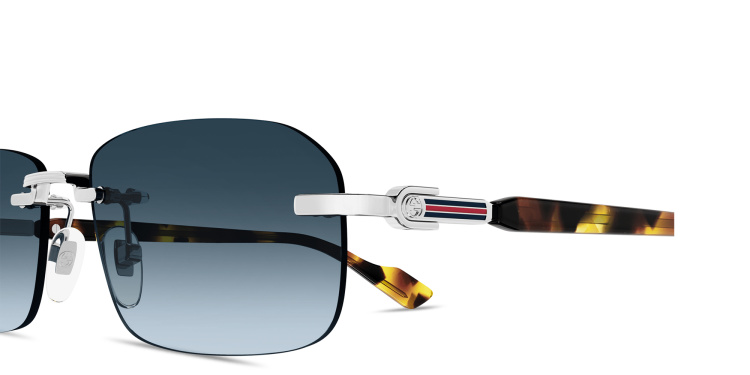 Shop GUCCI Web Rimless Rectangle Sunglasses in Silver online.