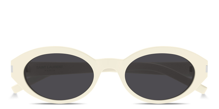 Shop SAINT LAURENT Engraved Logo Oval Sunglasses in Beige online.
