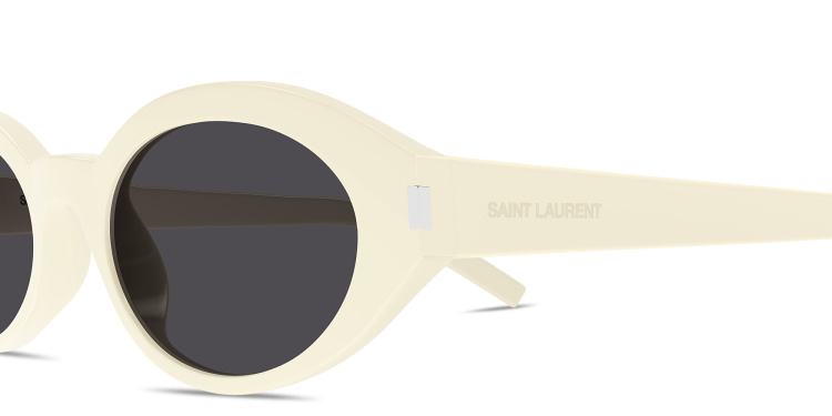 Shop SAINT LAURENT Engraved Logo Oval Sunglasses in Beige online.