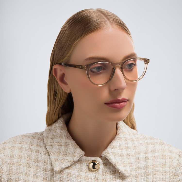 Shop BOTTEGA VENETA Unisex Round Eyeglasses in Brown online.