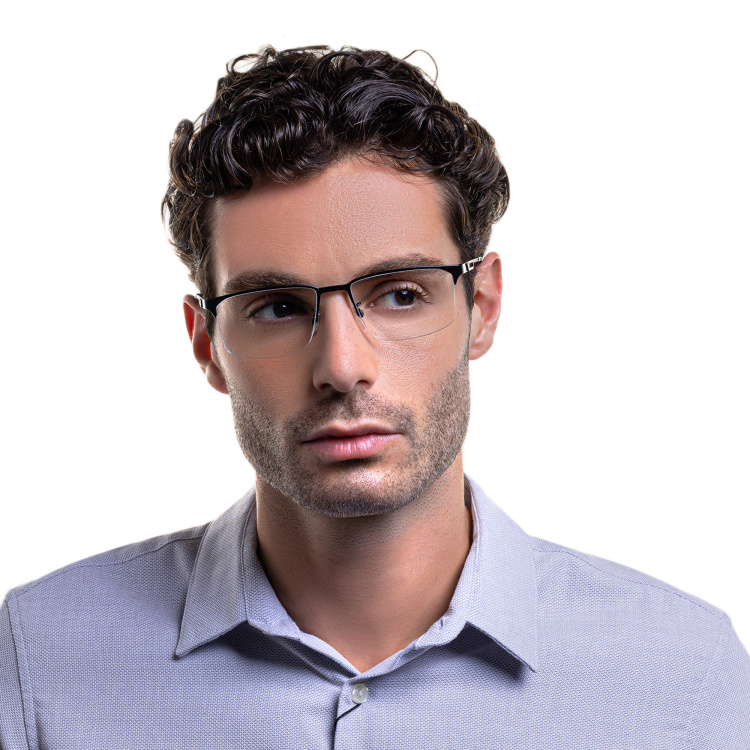 Shop Emporio Armani Wide Half-Rim Pillow Eyeglasses in Black online.