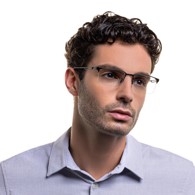 Shop Emporio Armani Wide Half-Rim Pillow Eyeglasses in Black online.