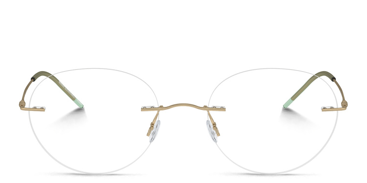 Shop GIORGIO ARMANI Logo Rimless Panthos Eyeglasses in Gold online.