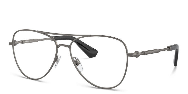 Shop BURBERRY Logo Wide Pilot Eyeglasses in Gunmetal online.