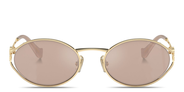 Shop MIU MIU Vertical Logo Oval Sunglasses in Gold online.