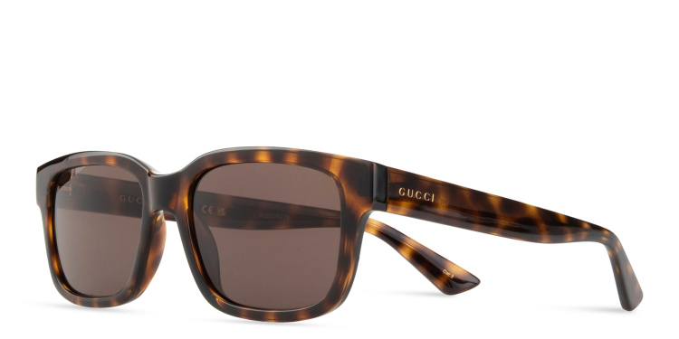 Shop GUCCI Logo Lettering Rectangle Sunglasses in Havana online.