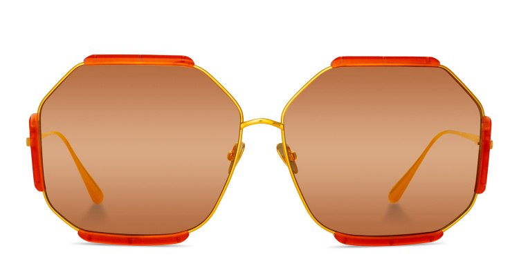 Shop LINDA FARROW Margot Oversized Wide Irregular Sunglasses in Yellow online.