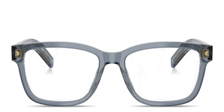 Shop PRADA Engraved Logo Wide Rectangle Eyeglasses in Blue online.