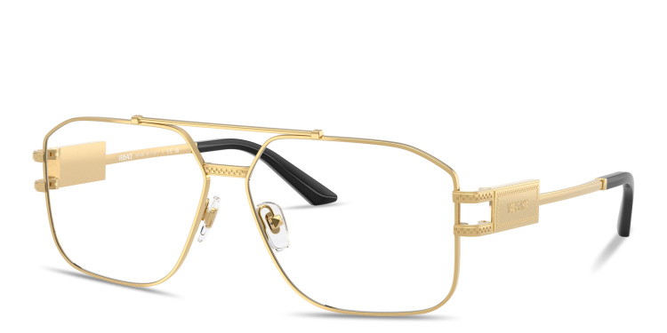 Shop VERSACE Damier Plaque Wide Irregular Eyeglasses in Gold online.