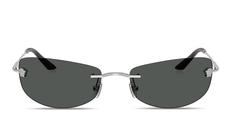 Shop VERSACE Runway Rimless Rectangle Sunglasses in Silver online.