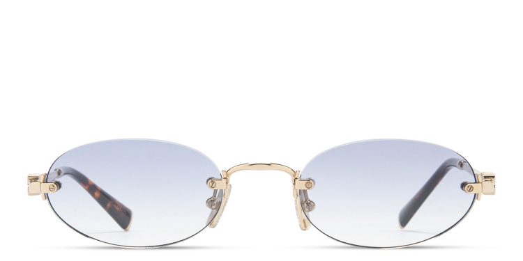 Shop MIU MIU Vertical Logo Rimless Oval Sunglasses in Gold online.