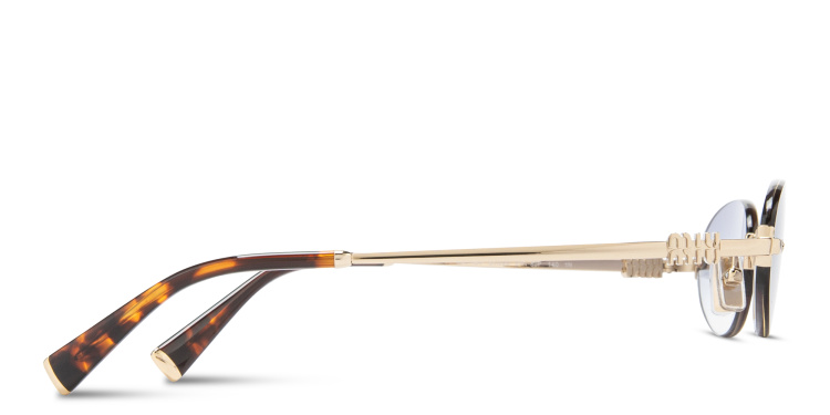 Shop MIU MIU Vertical Logo Rimless Oval Sunglasses in Gold online.