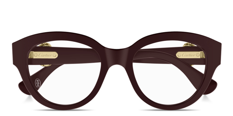 Shop Cartier Panthère de Cartier Round Eyeglasses in Burgundy online.
