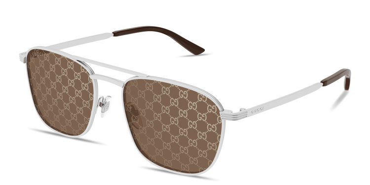 Shop GUCCI Engraved Logo Square Sunglasses in Silver online.