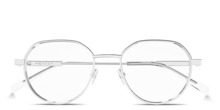 Shop Alexander McQueen Engraved Logo Unisex Panthos Eyeglasses in Silver online.