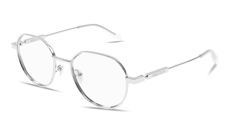 Shop Alexander McQueen Engraved Logo Unisex Panthos Eyeglasses in Silver online.