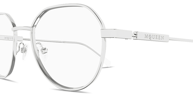 Shop Alexander McQueen Engraved Logo Unisex Panthos Eyeglasses in Silver online.